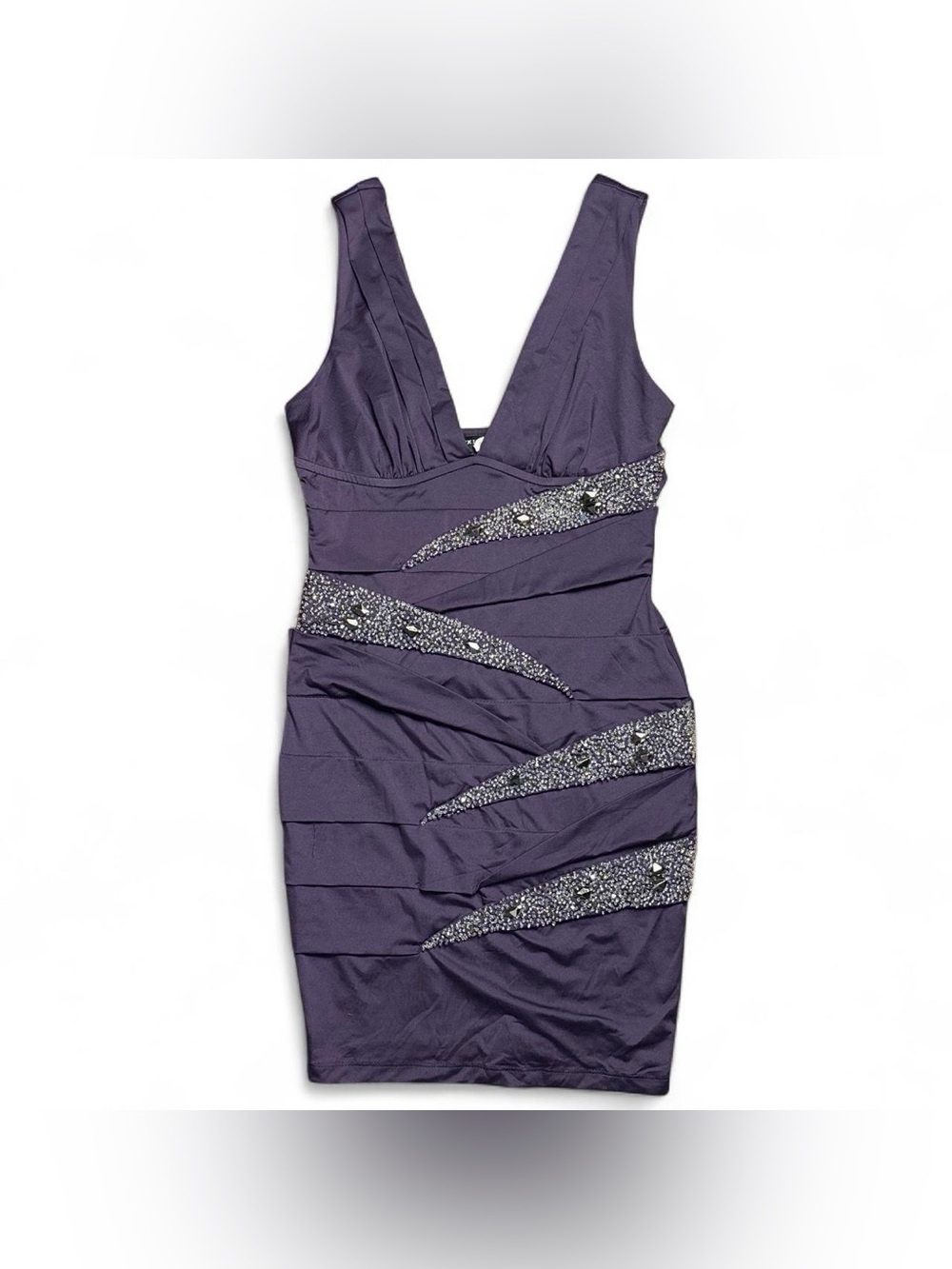 NIKIBIKI Purple Satin Bandage Dress W Silver Beaded Panels - Picture 3 of 8